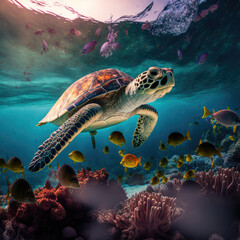 Obraz premium Turtle, tortoise under water in a clear blue ocean in clear focus with other sea life around it, underwater shot