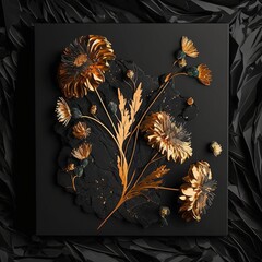 3d wallpaper for wall frames fractal flowers golden and black liquid marble background. Resin geode and abstract art, functional art, like geode painting. Ai generated art