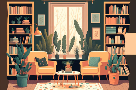 Living area in a cartoon with chairs and plants. Cozy space with window, carpet, bookshelves, light, and comfortable sofa. Generative AI. High quality illustration