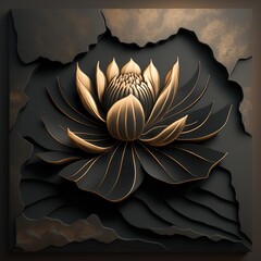 Lutus flower 3d wallpaper for wall frames fractal flowers golden and black liquid marble background. Resin geode and abstract art, functional art, like geode painting. Ai generated art