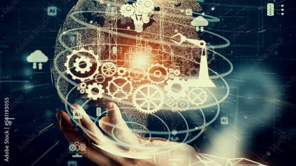 Poster futuristic industry 4.0 and inventive mechanized engineering concept with graphic user interface sho