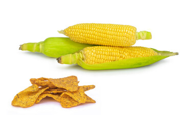 Fresh corn and corn chips on isolated white background