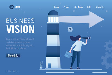 Business vision, landing page template. Smart woman entrepreneur looking spyglass, lighthouse points the way to success, profit. Concept of business navigation, foresight, strategic analysis - obrazy, fototapety, plakaty