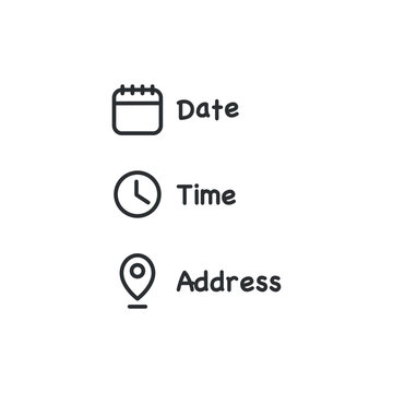 Date And Time Location Address Icon. Calendar, Clock, Location Illustration Symbol. Sign Event Data Vector Desing.