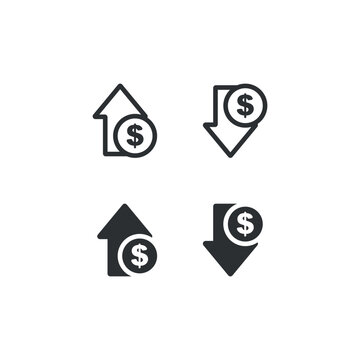 Decrease and increase in profit icon set. Up and down dollar arrow illustration symbol. Sign rise and fall of the dollar vector desing.