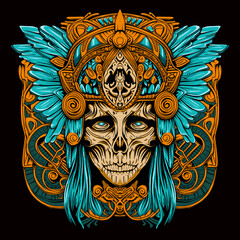Hand drawn Indian girl skull head illustration ornament frame for apparel tshirt design and poster