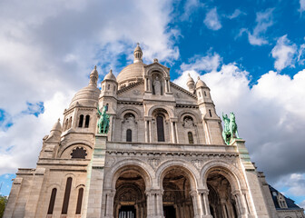 Facade Sacred Heart of Jesus basilica in Paris, France.