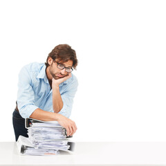 Stress, burnout and businessman with paper, documents and workload pressure on a white background....