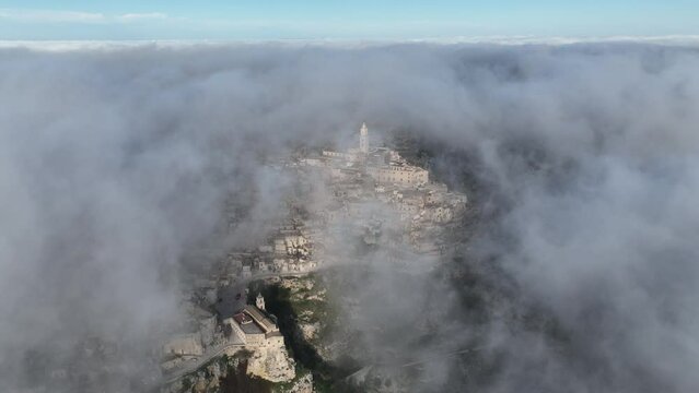 Aerial View of Matera Covered in Fog