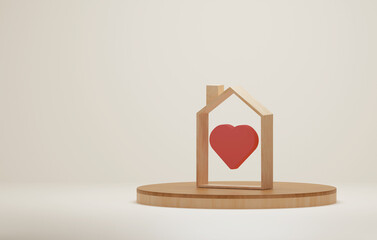 Wooden house with heart icon on wooden podium, family love home warmth and real estate investment.