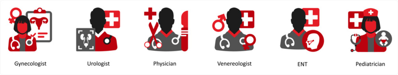 Six medical icons in red and black as gynecologist, urologist, physician