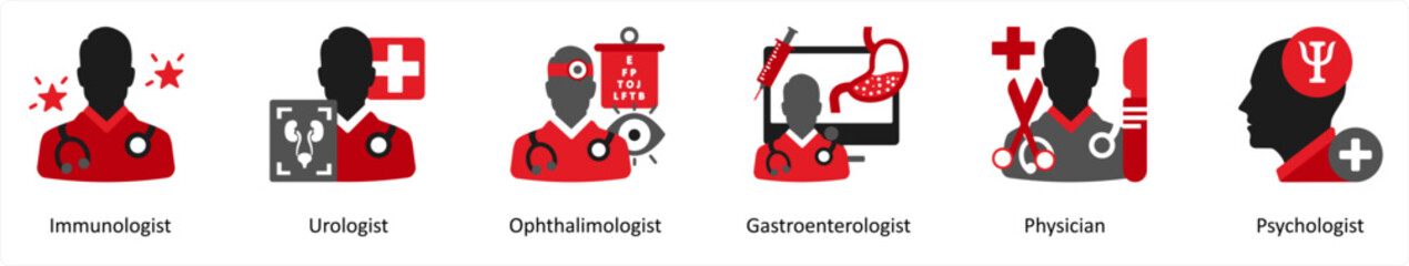 Six medical icons in red and black as immunologist, urologist, ophthalimologist