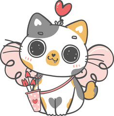 Cute Happy Valentine cupid love calico kitten cat cartoon doodle hand drawing 