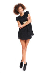 Black woman, smile portrait and fashion motivation in white background studio for trendy, cool or modern style. Young african girl, model happiness and arms crossed for Nigeria designer confidence