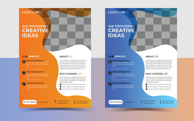 Colorful corporate flyer design with abstract shape. Double color mockup with blue and orange colors and image replacement available. 