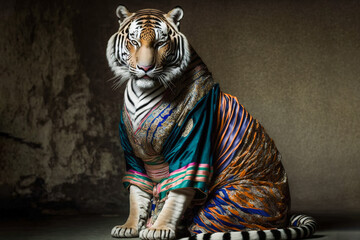 Fototapeta na wymiar Korean siberian tiger wearing Korea national dress or clothes, Generative AI