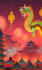 Fototapeta na wymiar Chinese New Year celebration with a Chinese dragon. Bright greeting card. AI-generated digital illustration.