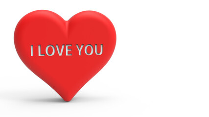 3d Illustration heart shape and lettering I love you on white isolated background.