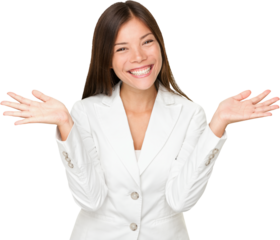 Portrait of cheerful young businesswoman shrugging over white background. business woman in suit isolated in transparent PNG.