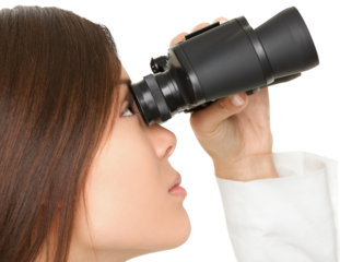 Closeup of young businesswoman looking through binoculars over white background. business woman in suit isolated in transparent PNG.