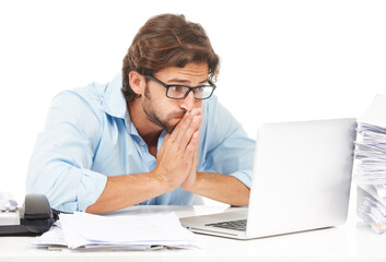 Laptop, praying and business man hope for financial profit, stock market growth or economy investment success. Studio, online bitcoin mining or trader trading crypto, forex or nft on white background