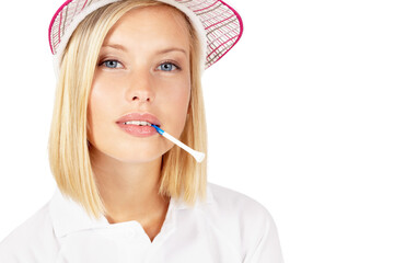 Portrait, golf and mockup with a sports woman biting a tee in studio isolated on a white...