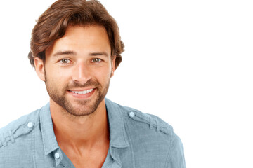 Portrait, casual and man with smile, success and happy guy isolated on white studio background. Canada, male and gentleman with confidence, weekend and break to relax, calm and chill for holiday