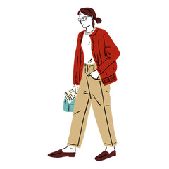 Woman go to work Casual style City People Hand drawn Color illustration - obrazy, fototapety, plakaty