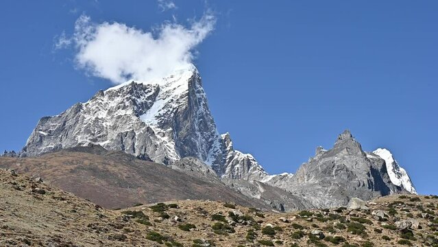 Footage of Taboche mountain (6,495 m) one of the more prominent peaks on the approach to the Mt. Everest Base camp.