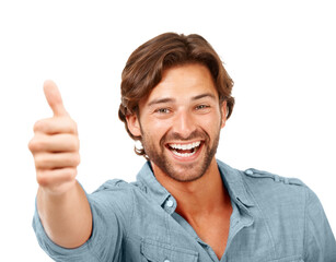 Fototapeta premium Thumbs up, OK and man with smile, portrait with hand sign, yes and thank you with feedback against white background. Happy man, agreement and success with motivation for winner and vote in portrait