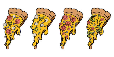 Set of delicious pizza slices with different ingredients. Cartoon flat illustration. Vector isolated on white background.