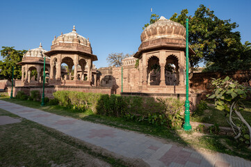 Fototapeta na wymiar Place- Mandoor Garden, City Jodhpur, State- Rajasthan, Date 27 Feb 2022. Some small cenotaphs located inside the garden