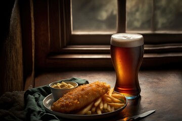 Fish and chips with a beer in front of a window. Generative AI illustration.