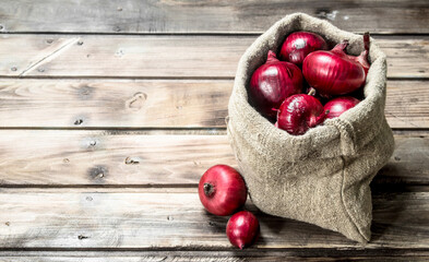 Fresh red onions in the sack.