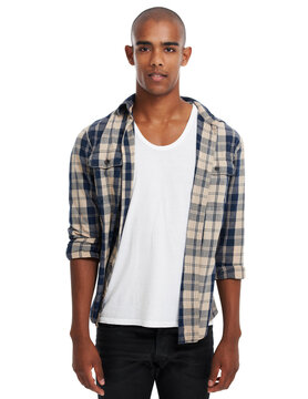 Portrait, bald and fashion with a black man in studio isolated on a white background to model contemporary clothes. Profile picture, studio background and shirt with a young male looking casual