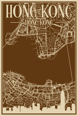 Brown hand-drawn framed poster of the downtown HONG KONG, CHINA with highlighted vintage city skyline and lettering