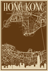 Obraz premium Brown hand-drawn framed poster of the downtown HONG KONG, CHINA with highlighted vintage city skyline and lettering