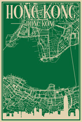 Green hand-drawn framed poster of the downtown HONG KONG, CHINA with highlighted vintage city skyline and lettering