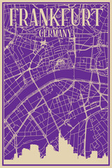 Purple hand-drawn framed poster of the downtown FRANKFURT, GERMANY with highlighted vintage city skyline and lettering