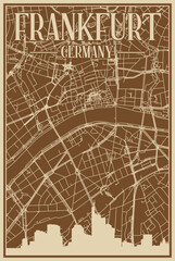 Brown hand-drawn framed poster of the downtown FRANKFURT, GERMANY with highlighted vintage city skyline and lettering
