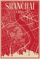 Red hand-drawn framed poster of the downtown SHANGHAI, CHINA with highlighted vintage city skyline and lettering