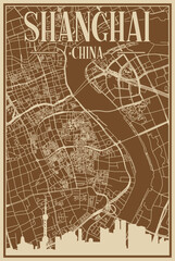 Brown hand-drawn framed poster of the downtown SHANGHAI, CHINA with highlighted vintage city skyline and lettering