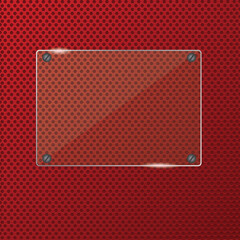Transparent glass plate on red metal background