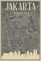 Grey hand-drawn framed poster of the downtown JAKARTA, INDONESIA with highlighted vintage city skyline and lettering