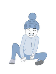 冬の服装をしニット帽をかぶった男の子が楽しく笑っている青色素材