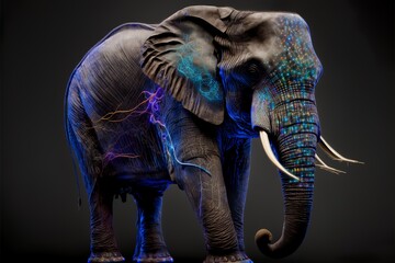 Fototapeta na wymiar Wild animals with wires and lightning on their bodies, on a black background elephant