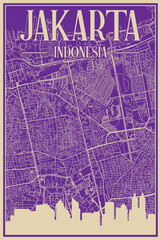 Purple hand-drawn framed poster of the downtown JAKARTA, INDONESIA with highlighted vintage city skyline and lettering