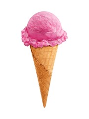 Pink strawberry ice cream in a waffle cup on a white background, digital drawing.