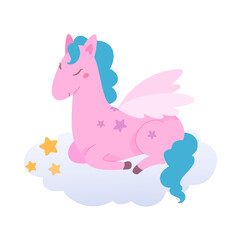 Obraz na płótnie Canvas Cute pink horse with blue mane and tail flying on cloud, baby animal with wings dreaming