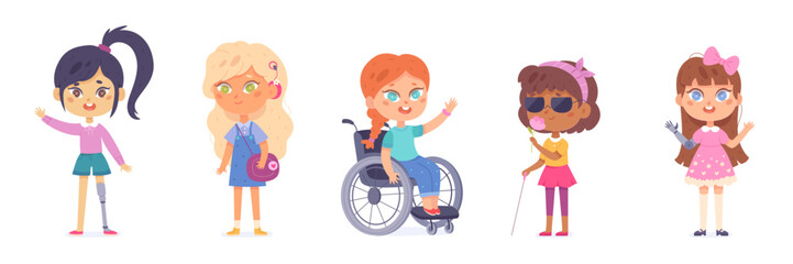 Disabled girls set, kid in wheelchair, children with prosthetic arm and leg, blind child